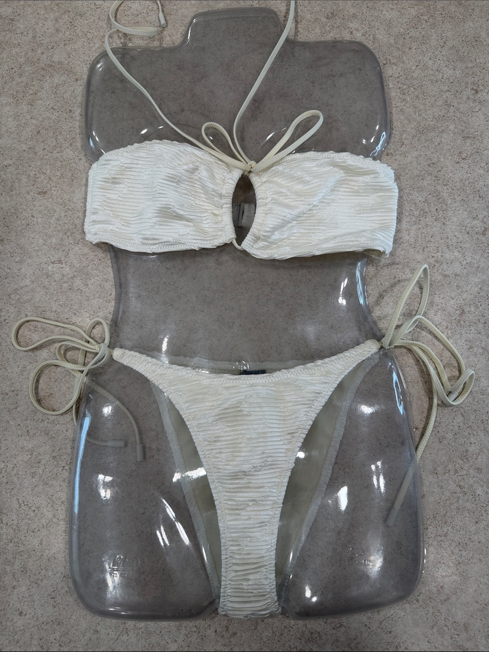 TRIANGLE SWIMWEAR BANDEAU WHITE RIBBED SHIMMER STRING BIKINI TOP SMALL/LOWER XS